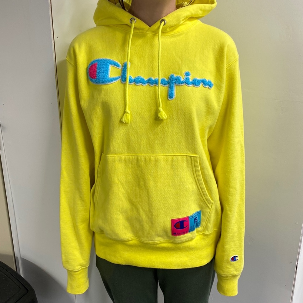 Yellow Champion reverse weave hoodie